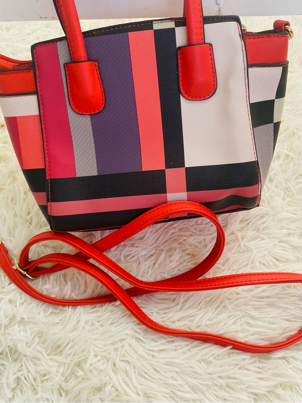Coral Red Plaid Structured Satchel Crossbody Top Handle Handbag Purse - Picture 13 of 13